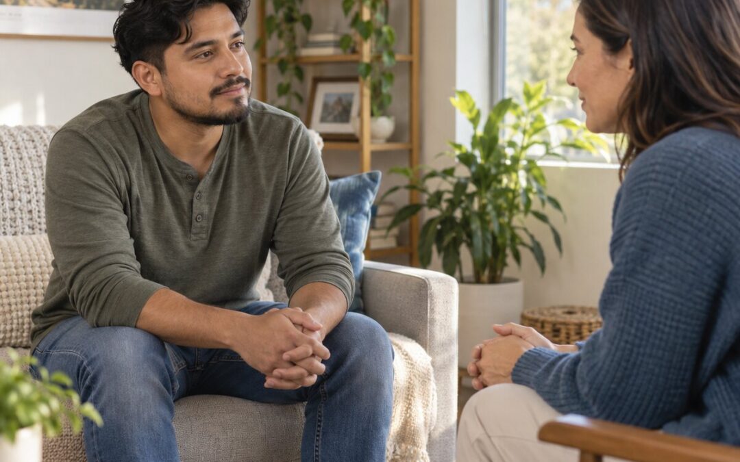 Two adults having a calm, supportive conversation in a bright room.