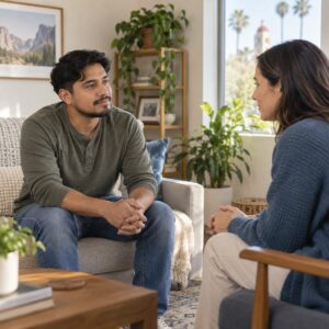 Two adults having a calm, supportive conversation in a bright room.